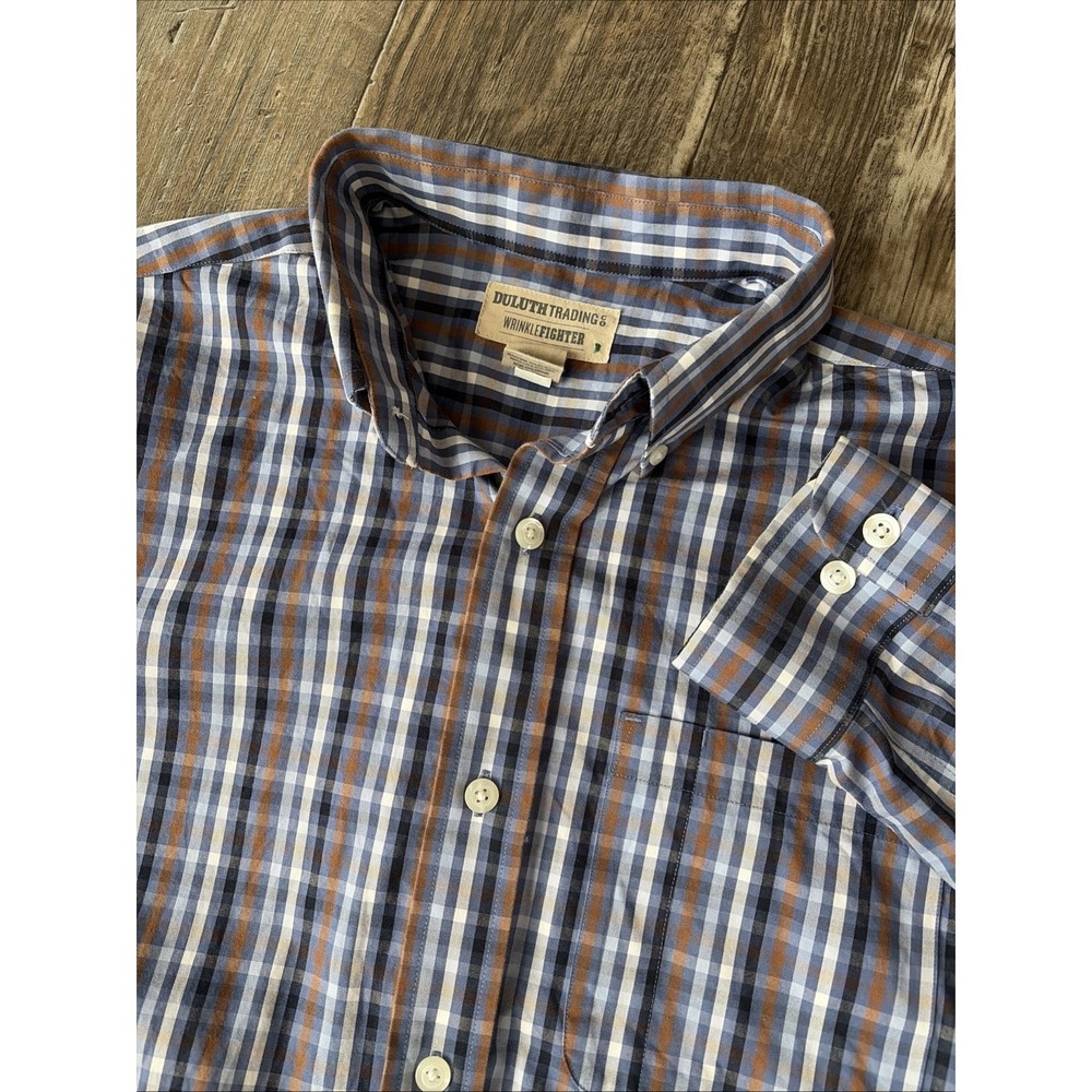Duluth Trading Mens WrinkleFighter‎ Blue Plaid Long Sleeve Shirt Size Medium